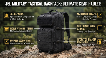 Professional infographic detailing the features of a black 45L Military Tactical Backpack, pointing out its 600D nylon construction, MOLLE webbing, adjustable comfort straps, and hydration compatibility