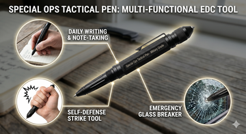 Black Special Ops Military Grade Tactical Pen with a glass breaker tip, resting on a wooden desk alongside a notebook and folding knife