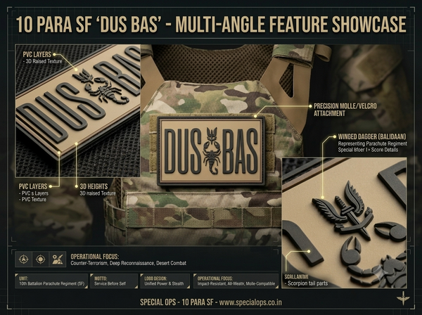 A promotional technical feature graphic for a special forces tactical vest patch and matching accessories. The central subject is a camouflage-patterned tactical vest with a rectangular 'DUS BAS' patch featuring a black scorpion emblem.