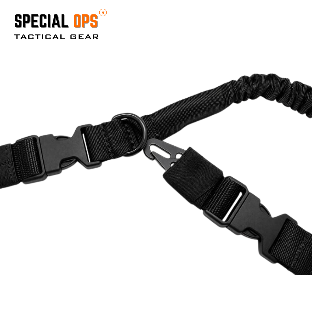 Close-up of the SPECIAL OPS bungee rifle sling showing the transition point between single-point and two-point carry modes