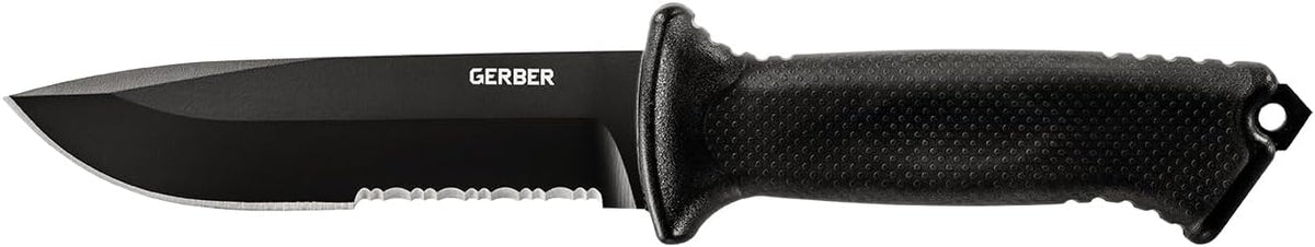 Gerber Gear Prodigy Fixed Blade Survival Tactical Knife - Made in USA Full Tang, Serrated Edge Knife - American High Carbon Steel Blade - Molded Soft-Grip - with Protective MOLLE Sheath - Black SPECIAL OPS Tactical Gear