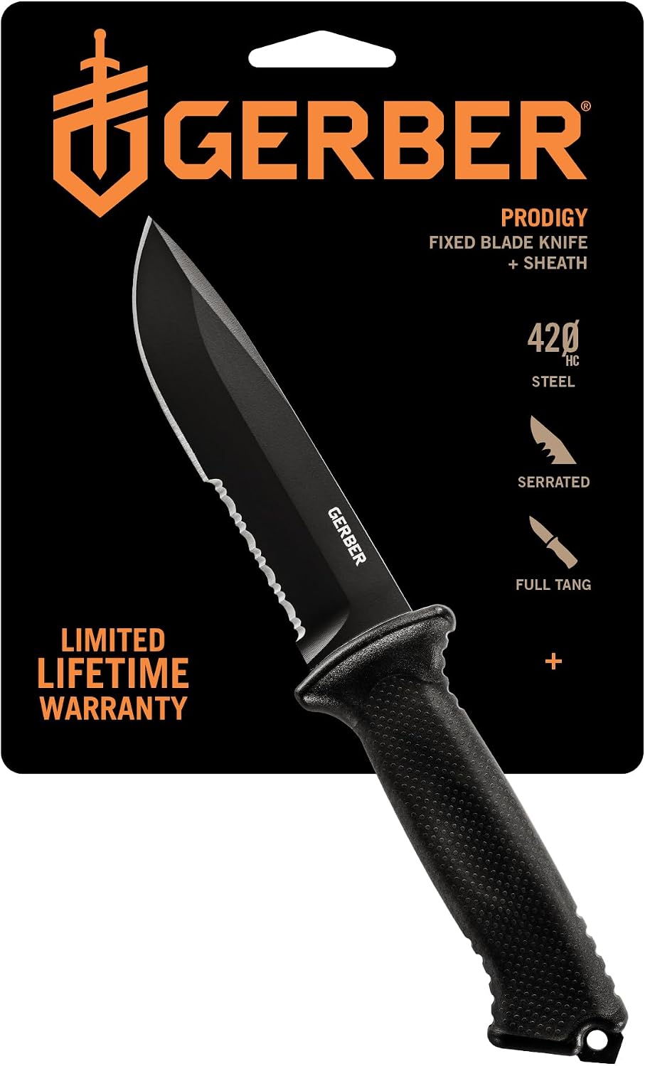 Gerber Gear Prodigy Fixed Blade Survival Tactical Knife - Made in USA Full Tang, Serrated Edge Knife - American High Carbon Steel Blade - Molded Soft-Grip - with Protective MOLLE Sheath - Black SPECIAL OPS Tactical Gear