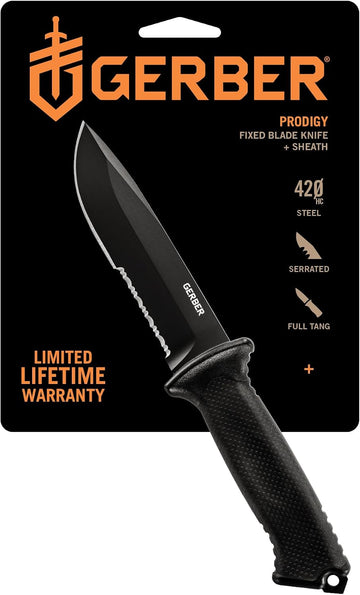 Gerber Gear Prodigy Fixed Blade Survival Tactical Knife - Made in USA Full Tang, Serrated Edge Knife - American High Carbon Steel Blade - Molded Soft-Grip - with Protective MOLLE Sheath - Black SPECIAL OPS Tactical Gear