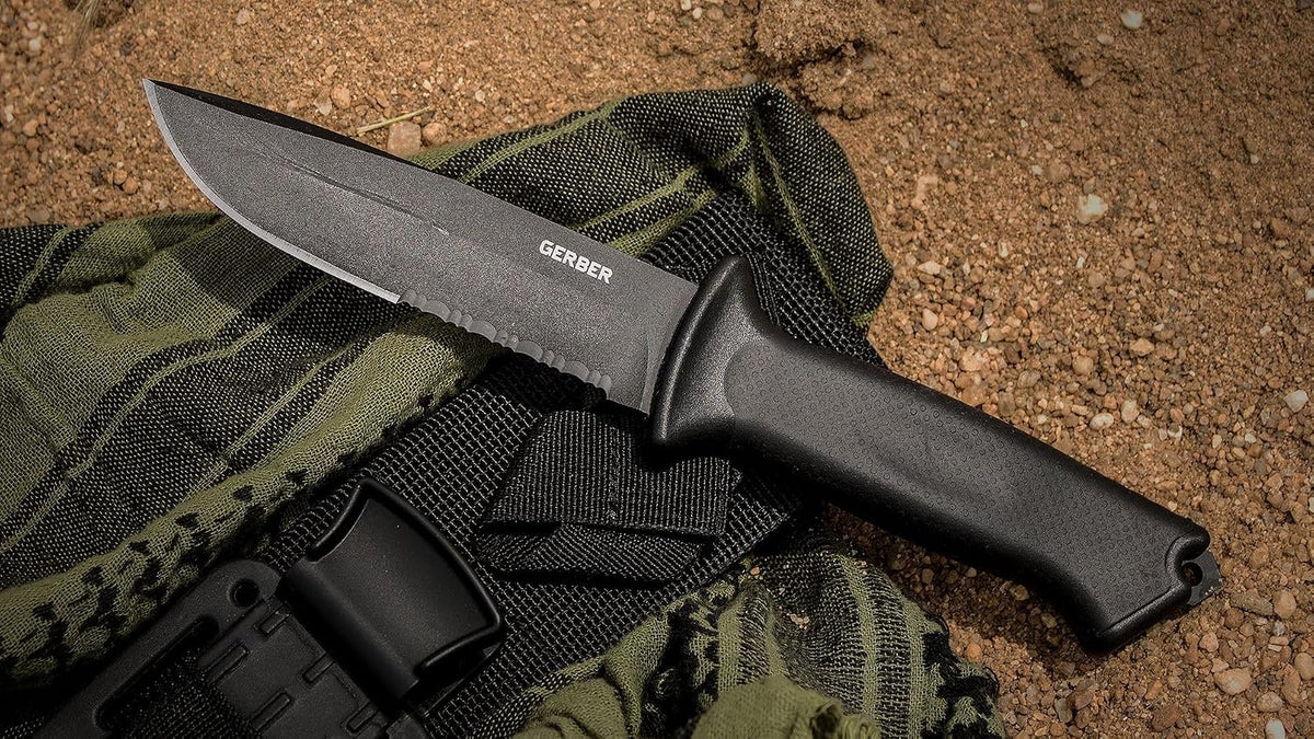Gerber Gear Prodigy Fixed Blade Survival Tactical Knife - Made in USA Full Tang, Serrated Edge Knife - American High Carbon Steel Blade - Molded Soft-Grip - with Protective MOLLE Sheath - Black SPECIAL OPS Tactical Gear