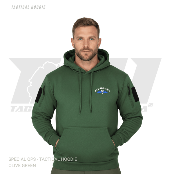 Front view of Olive Green Indian Airborne Special Ops Tactical Hoodie with Paratrooper logo