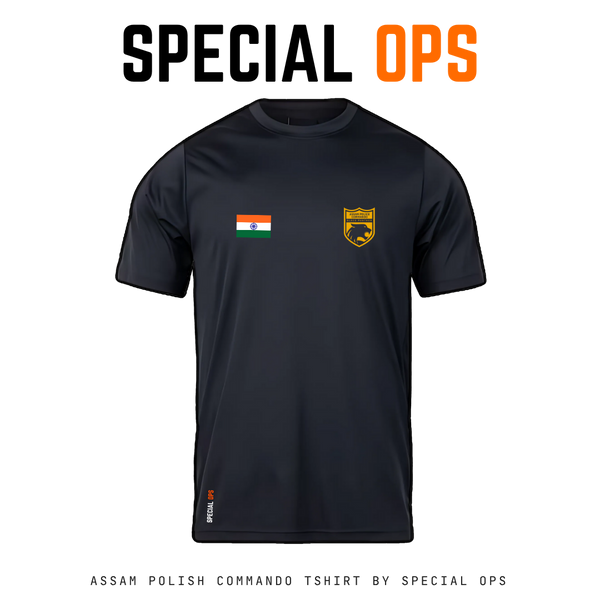 Assam Police Commando T-Shirt front design on a grey background