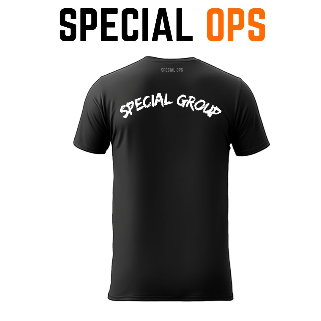Back view of the black Special Group T-shirt showcasing the text "SPECIAL GROUP" cleanly printed in a bold, white, arched uppercase font across the upper back.