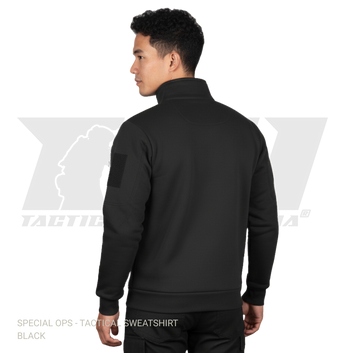 Combat-grade tactical sweatshirt featuring dual sleeve pockets for law enforcement and military use