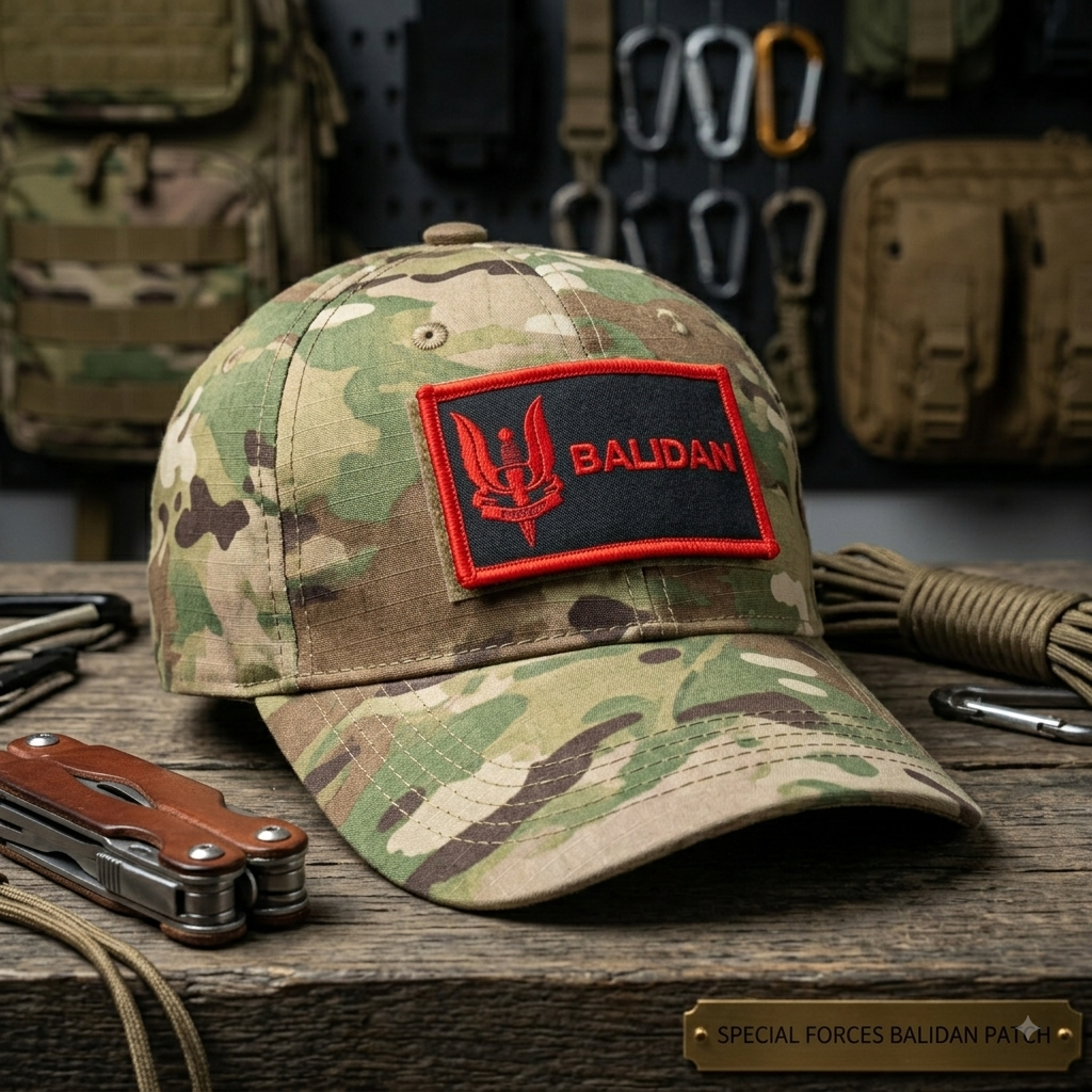 A detailed close-up photograph of a multicam pattern baseball cap sitting on a wooden workbench. The cap prominently features the rectangular black "BALIDAN" patch with a red trident and red lettering, bordered in red. The background shows blurred tactical equipment like backpacks, a brown leather multi-tool, paracord, and carabiners. A small gold plaque at the bottom right is engraved "SPECIAL FORCES BALIDAN PATCH".