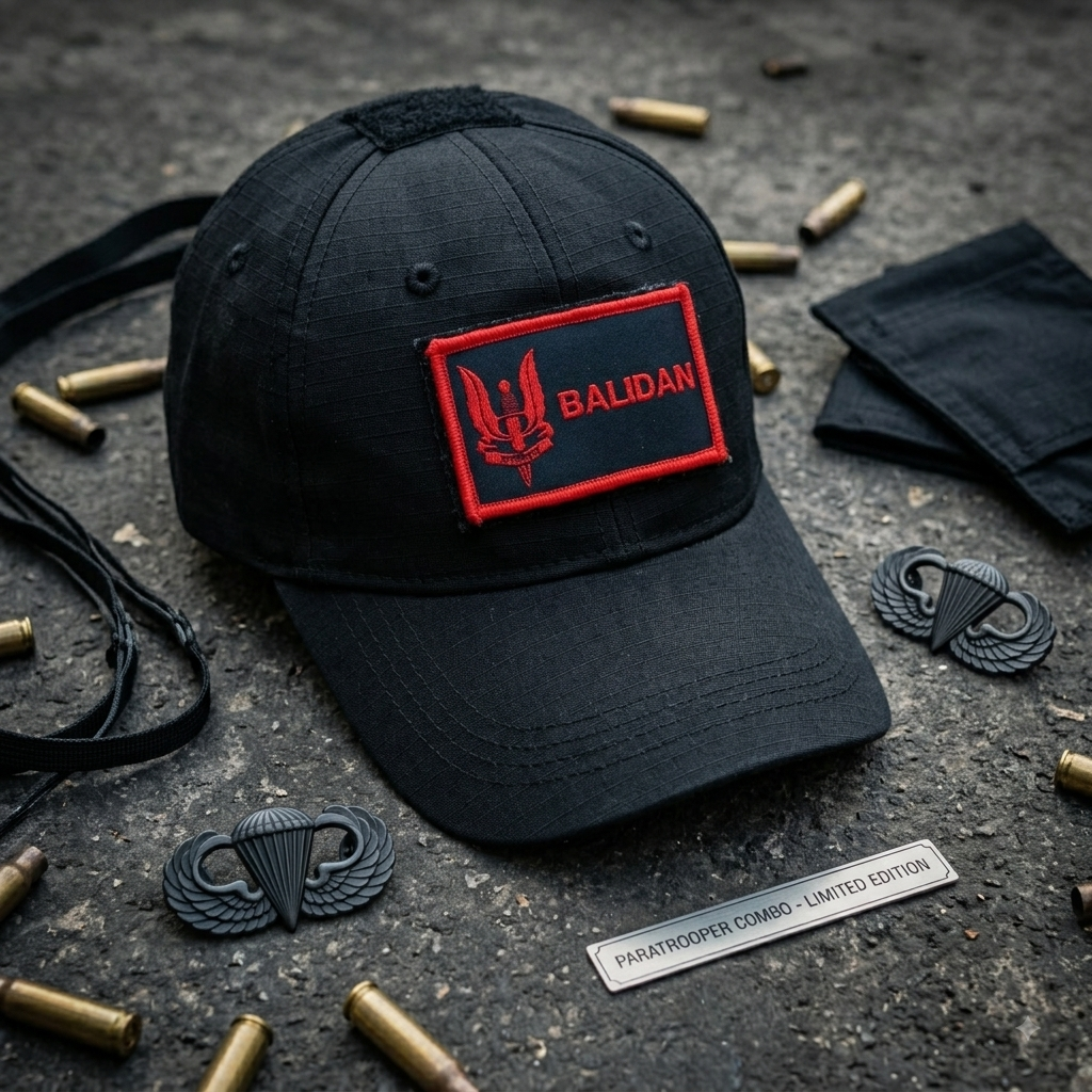 A high-angle, close-up photograph of a black tactical baseball cap with a prominent rectangular "BALIDAN" patch featuring a red trident logo. The cap is resting on a dark asphalt surface surrounded by scattered empty brass shell casings, black webbing straps, and two black parachute badge pins. A small silver metal plaque at the bottom is engraved with the text "PARATROOPER COMBO - LIMITED EDITION". The lighting is natural but dramatic, highlighting textures.