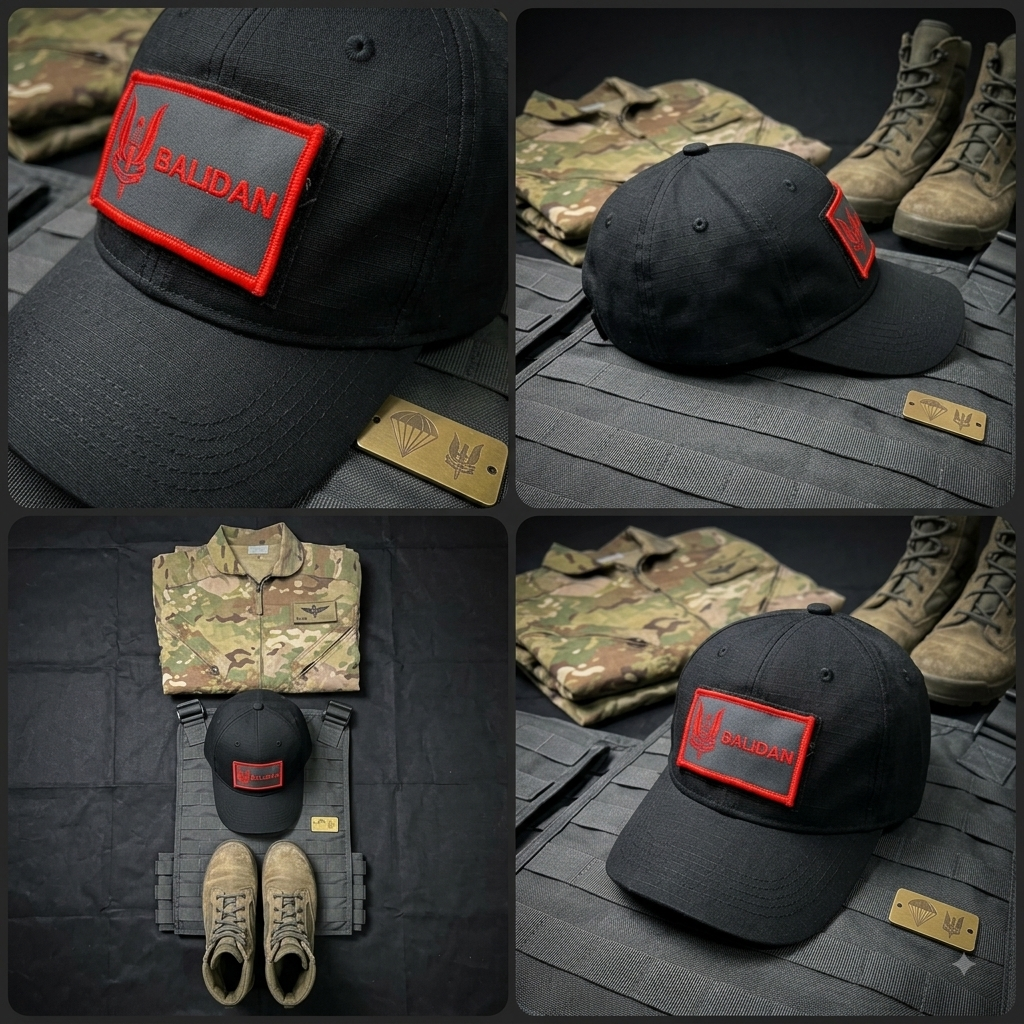 High quality Balidan velcro patch on a Tactical cap with all Tactical Gears on a Table