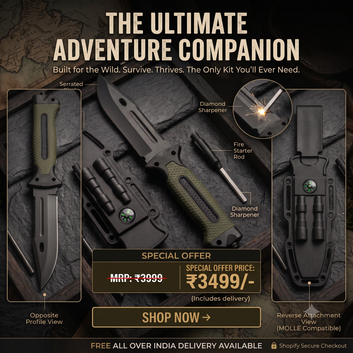 Multiple angles of the Ultimate Tactical Survival Knife kit showing the opposite profile of the serrated blade, a close-up of the diamond sharpener sparking, and the reverse MOLLE-compatible attachment view of the rugged sheath