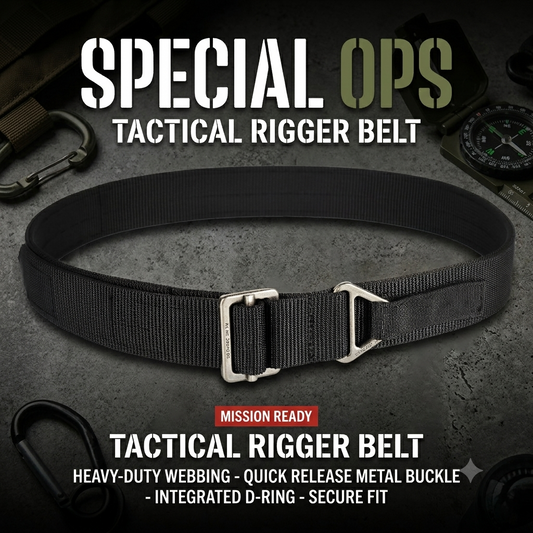 Black Special Ops tactical rigger belt with metal quick-release buckle and D-ring against a white background.