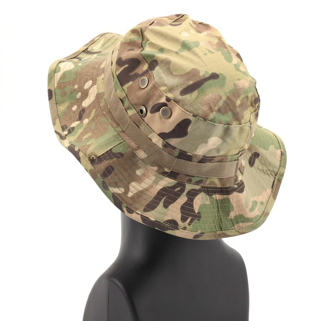 Rear angle view of an outdoor camouflage boonie hat, highlighting the back brim, metal mesh ventilation eyelets, and durable ripstop fabric.