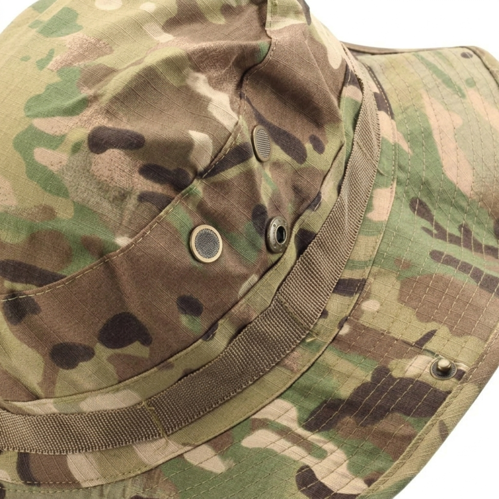 Close-up texture detail of a tactical camouflage boonie hat showing heavy-duty stitching, brass mesh air vents, and a military webbing band.
