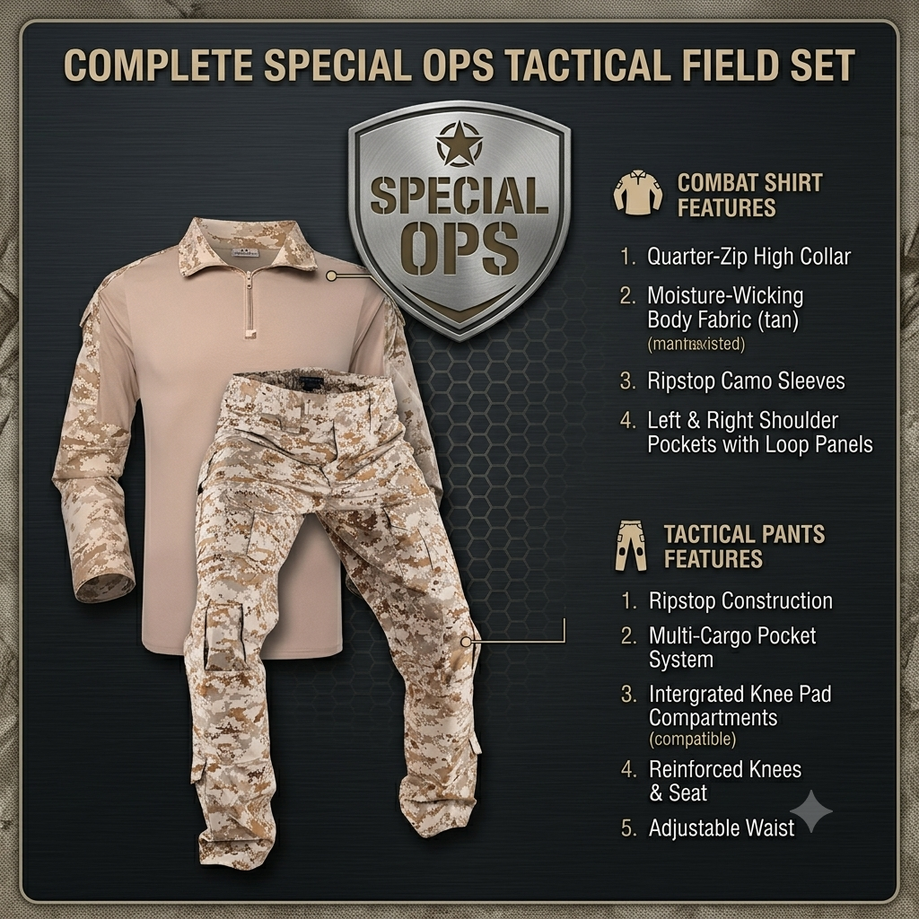 Front view of digital desert camo tactical shirt and pants uniform.