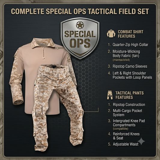 Front view of digital desert camo tactical shirt and pants uniform.