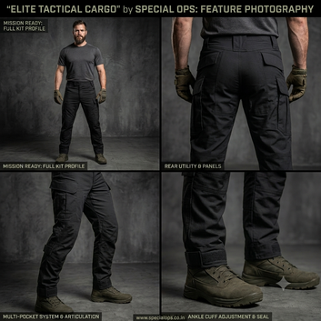 A four-panel promotional layout showing tactical cargo pants worn by a model in a studio setting. The panels include a full-body front view, rear utility panel detail, and close-up views of the cargo pockets and ankle cuff adjustment.