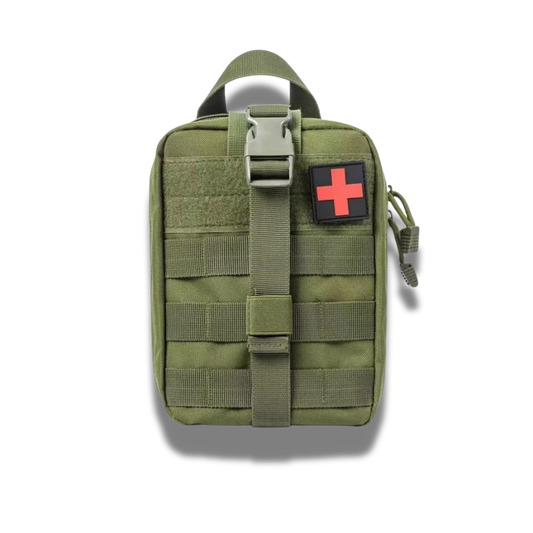 SPECIAL OPS Tactical First Aid Pouch mounted on an olive green plate carrier.