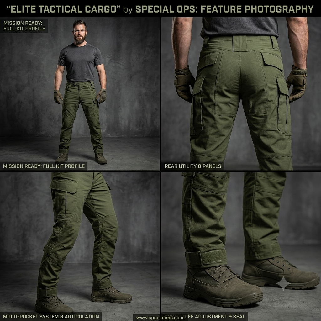 A four-panel promotional image showing olive green tactical cargo pants worn by a model in a studio setting. The panels include a full-body front view, rear utility panel detail, and close-up rear/leg views with boots.