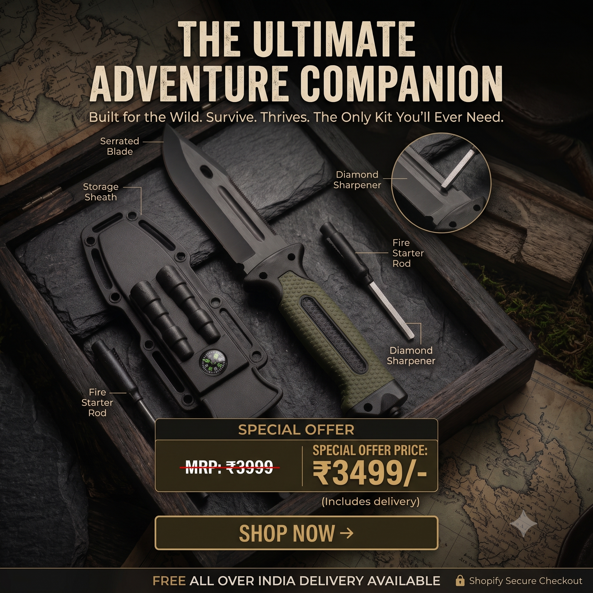 A promotional product graphic for a multi-tool survival kit labeled 'The Ultimate Adventure Companion.' The image shows a boxed knife and tools set on a dark textured surface with callout labels pointing to serrated blade, storage sheath, fire starter rod, and diamond sharpeners.