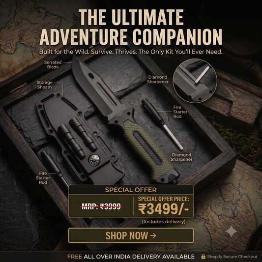 A promotional product graphic for a multi-tool survival kit labeled 'The Ultimate Adventure Companion.' The image shows a boxed knife and tools set on a dark textured surface with callout labels pointing to serrated blade, storage sheath, fire starter rod, and diamond sharpeners.