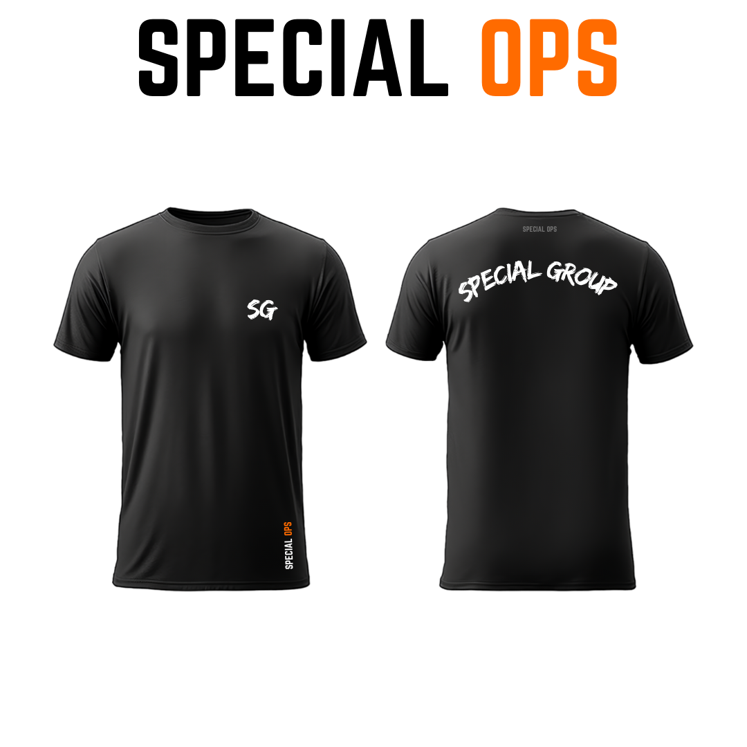 Front and back view of the black Special Group T-shirt by Special Ops. The front features a minimalist white "SG" logo on the left chest, while the back displays "SPECIAL GROUP" printed in a white arched font across the shoulders.