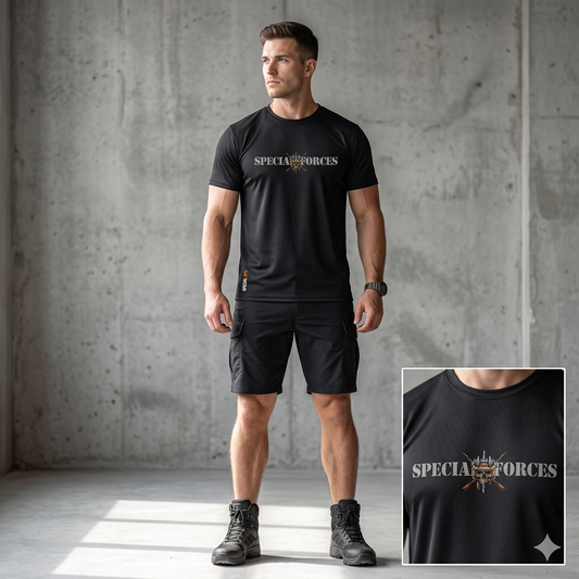 Front view of a man in tactical shorts and boots wearing a black Special Forces performance t-shirt.