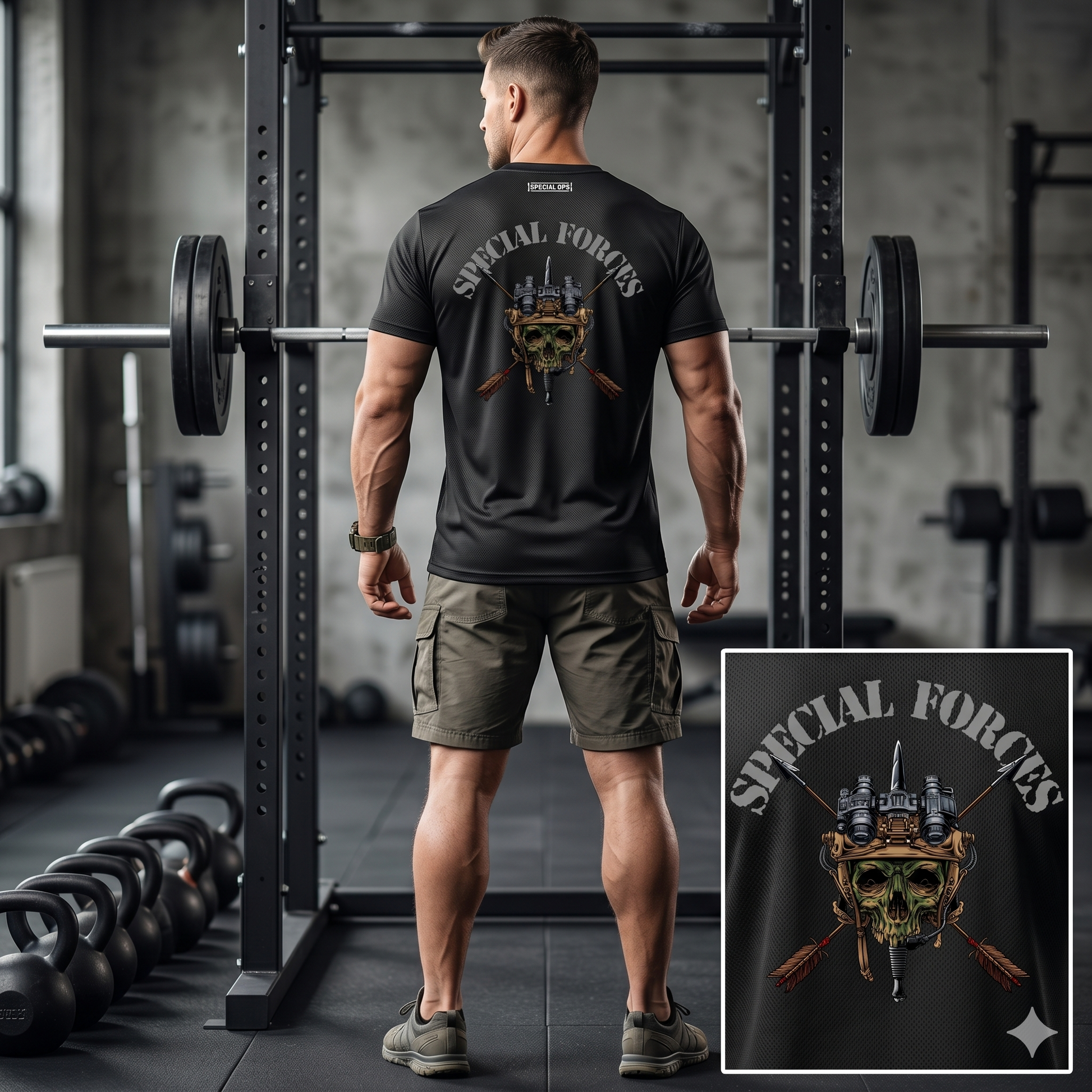 Rear view of a man in a gym wearing a black Special Forces t-shirt with a tactical skull and night vision graphic.
