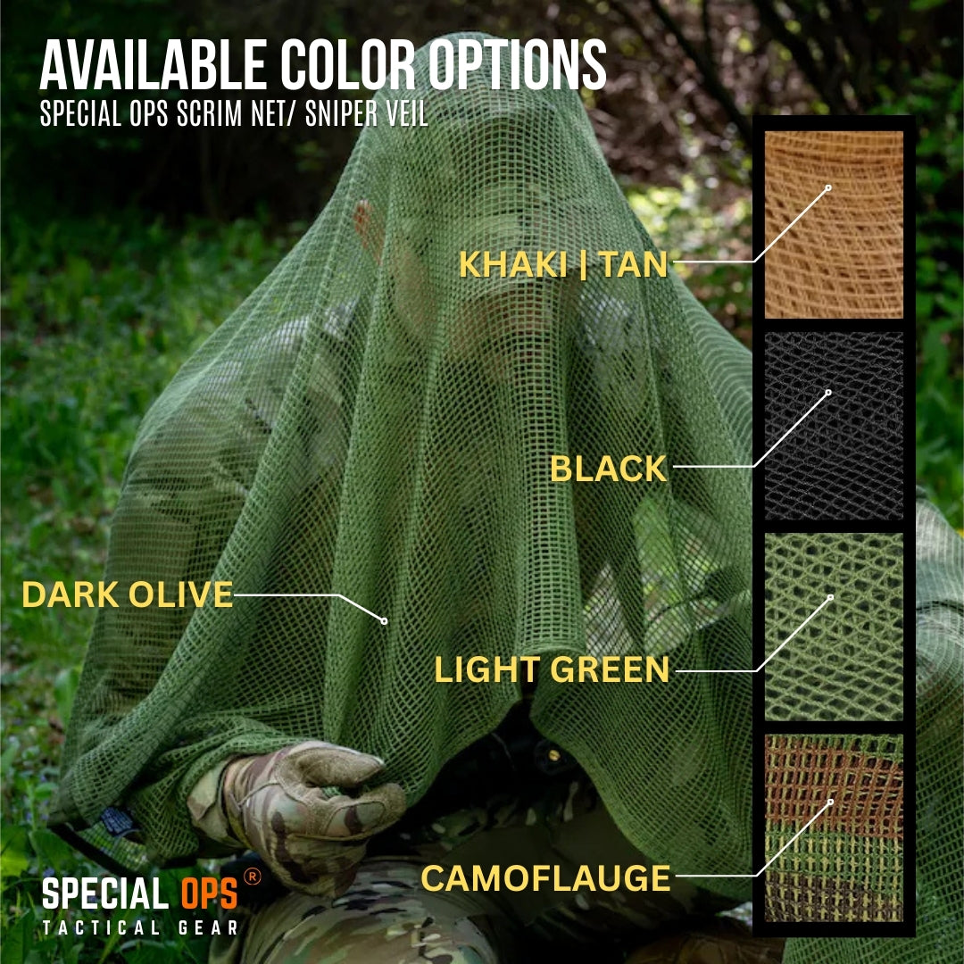 Large 77x37 inch tactical scrim net demonstrating camouflage effectiveness in terrain