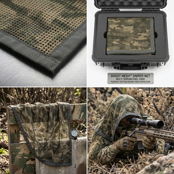 A close-up view of the SPECIAL OPS woodland camouflage Ghost Mesh Sniper Net draped over a mossy rock, highlighting its breathable, open-mesh texture.
