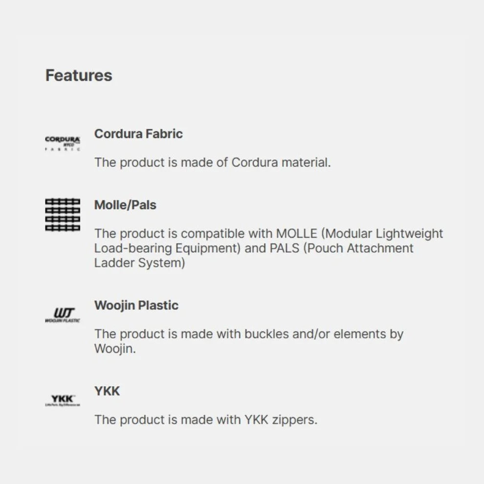 A light gray informational graphic titled 'Features' listing product materials and compatibility: Cordura Fabric, Molle/Pals, Woojin Plastic, and YKK.