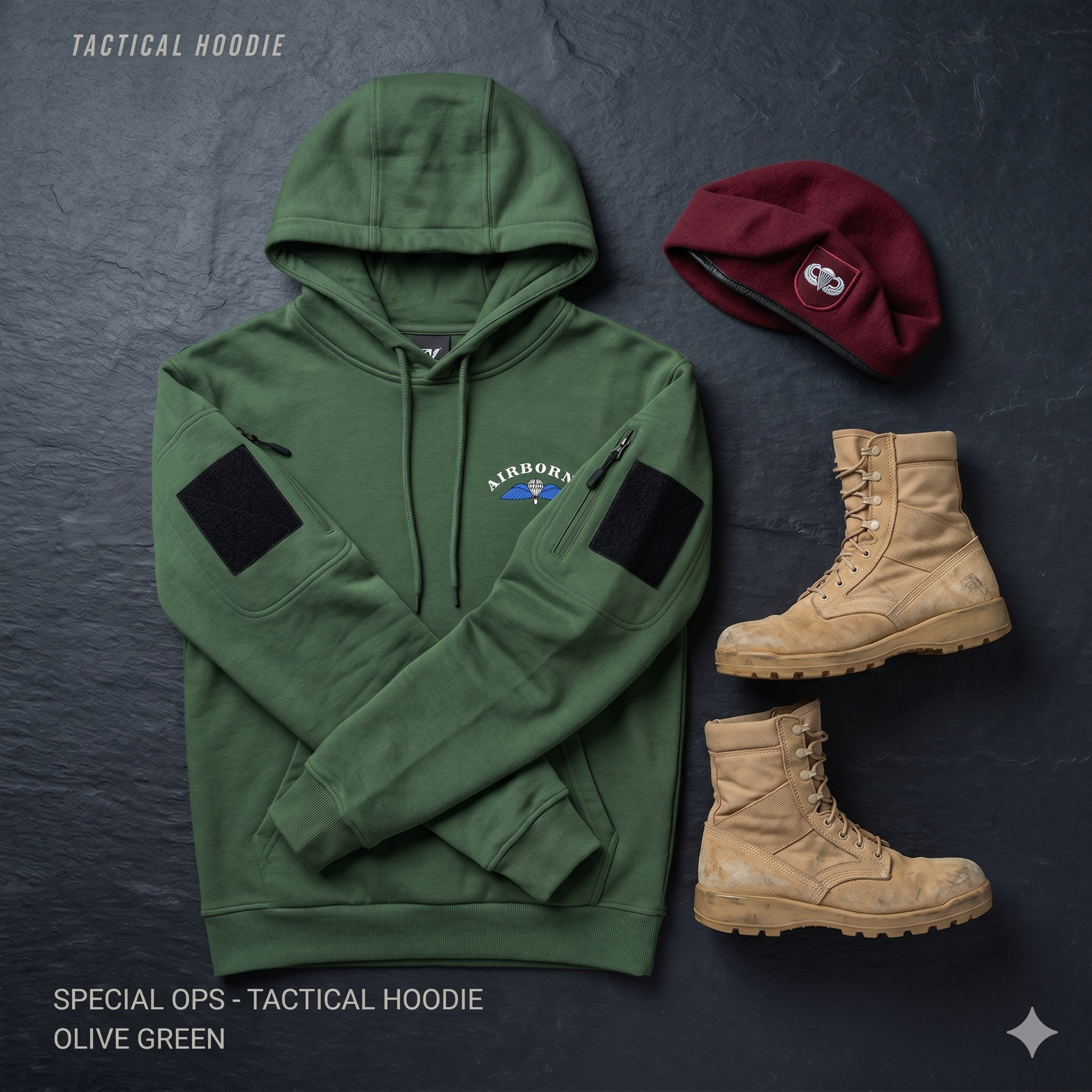 Close up of tactical sleeve pocket and velcro patch platform on military hoodie