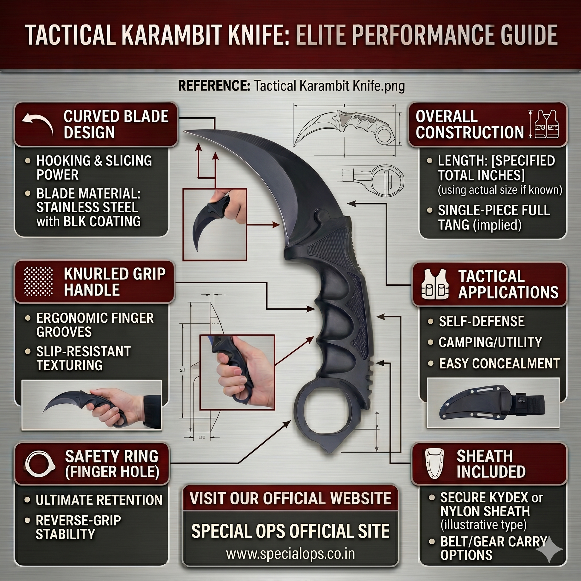 Karambit survival knife resting on wood surface showing full blade profile