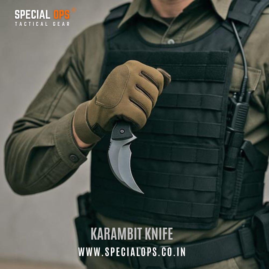 Close-up of karambit knife handle texture and ergonomic curved design