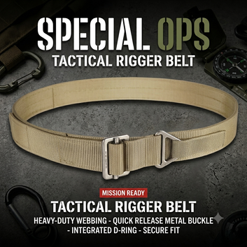 Khaki tan tactical rigger belt laying flat on a canvas surface next to a military compass and carabiner.