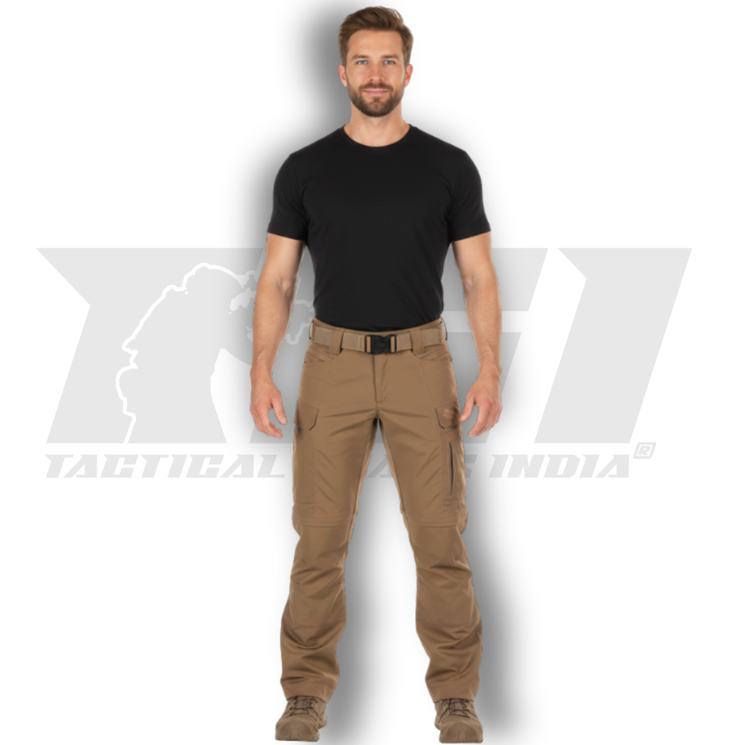 Flat lay presentation of the Khaki Special Ops Ranger pants, belt, and tactical gear, displaying all features.