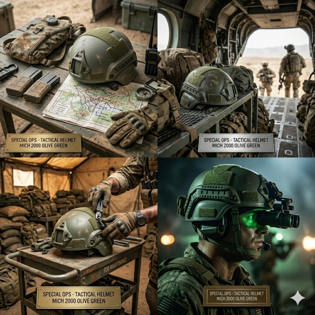 A rugged, olive green MICH 2000 tactical helmet equipped with side accessory rails, velcro panels, and a front NVG shroud, resting on sandbags in a realistic desert military outpost.