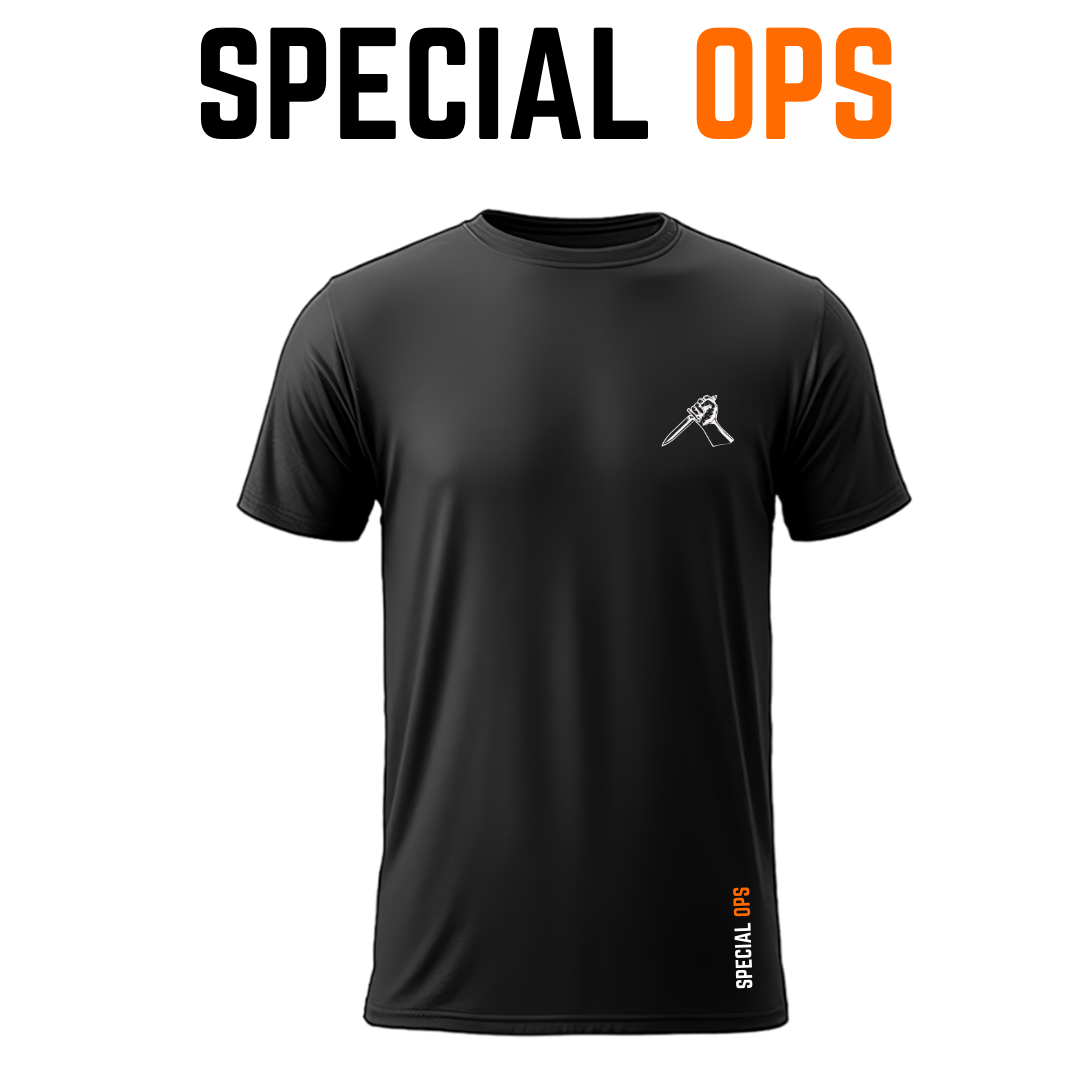 Black SPECIAL OPS Mavericks tactical t-shirt featuring moisture-wicking Dry Fit fabric