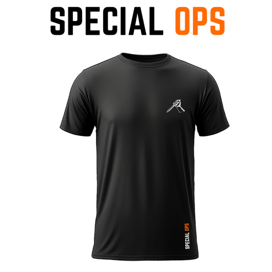 Black SPECIAL OPS Mavericks tactical t-shirt featuring moisture-wicking Dry Fit fabric