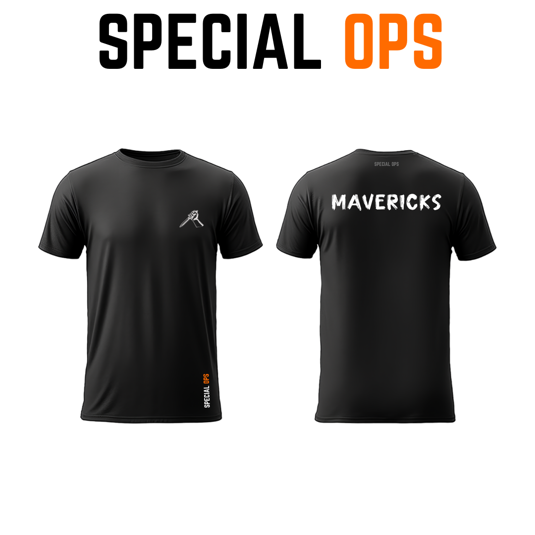 Front and back side of  black short sleeve Mavericks t-shirt by SPECIAL OPS with a round neck design.