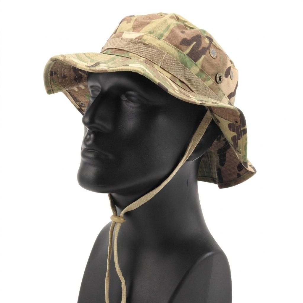 Side profile of a military-style camouflage boonie hat displayed on a mannequin, showing the foliage ring webbing and brass snap buttons.