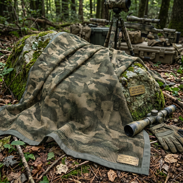 Lightweight and quick-dry tactical sniper veil in a woodland camo pattern, designed for versatile use as a face cover, scarf, or gear concealment.