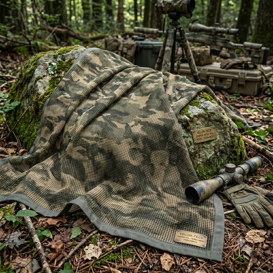 Lightweight and quick-dry tactical sniper veil in a woodland camo pattern, designed for versatile use as a face cover, scarf, or gear concealment.