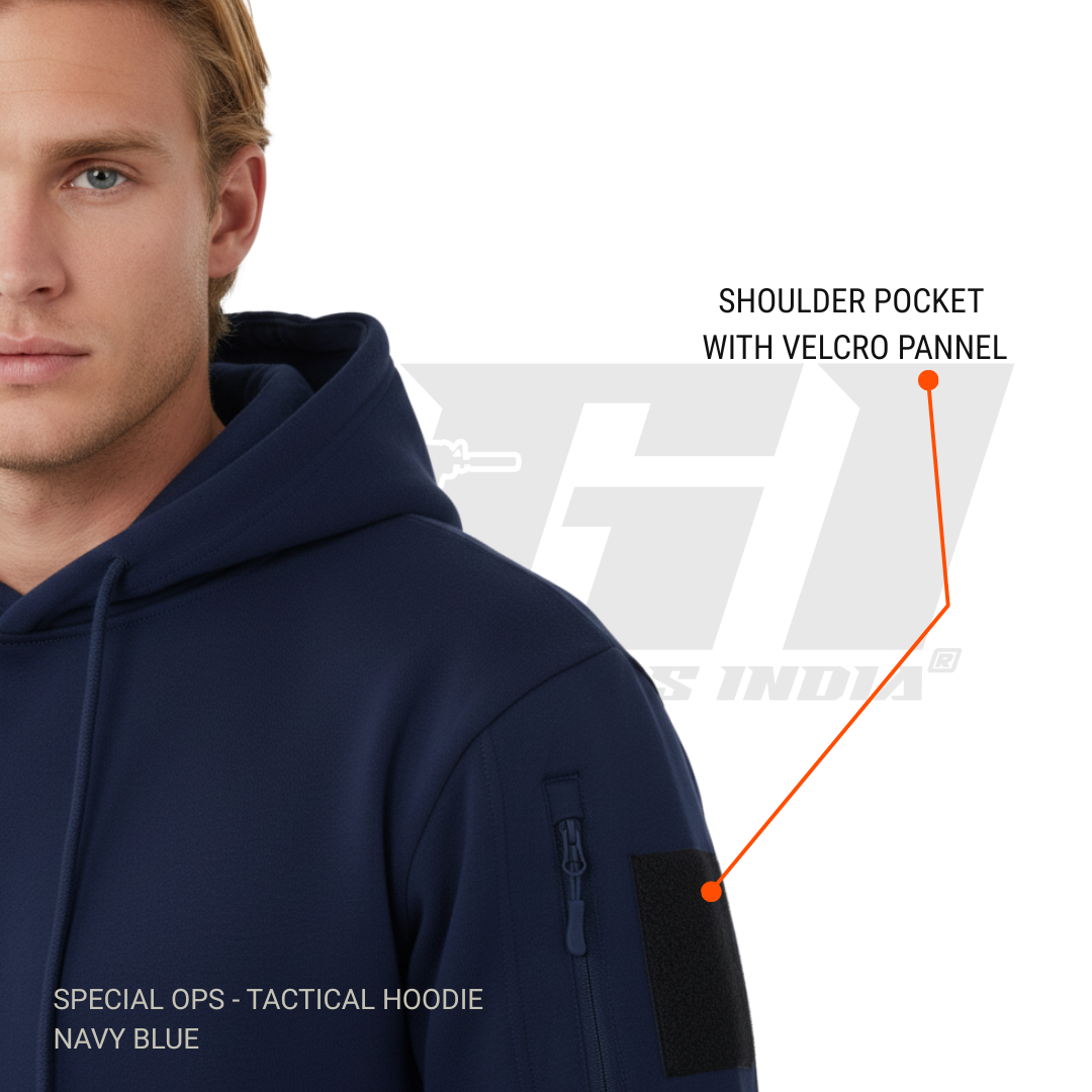Military-style black hoodie with velcro morale patch panels and secure zipper pockets on both sleeves