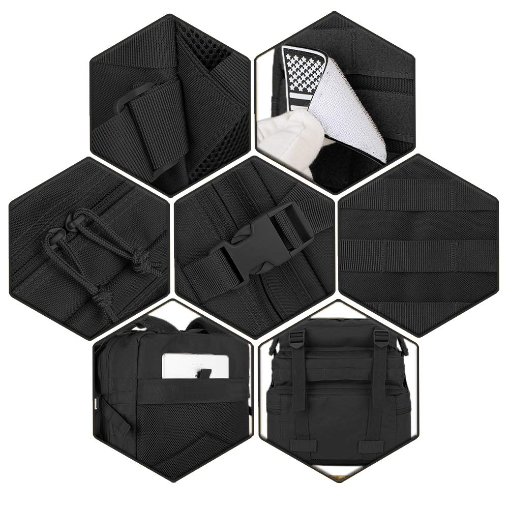 Military tactical rucksack side view showing water-resistant coating and reinforced stitching