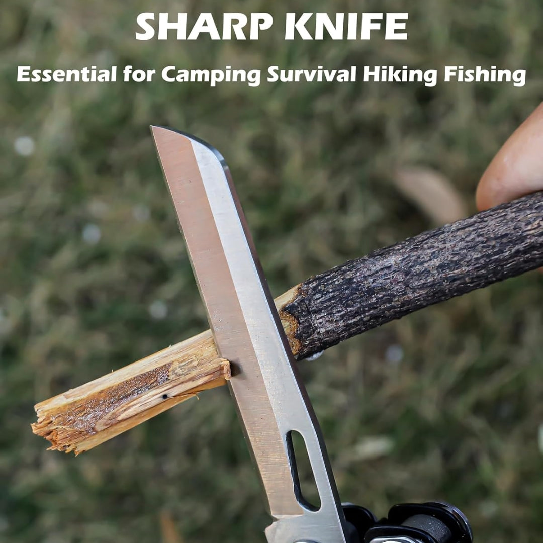 Collapsible tactical multi tool with frame lock and liner lock system for camping and survival