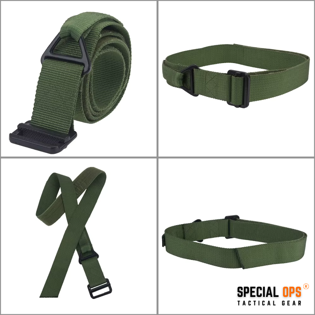 Adjustable SPECIAL OPS tactical belt olive green with metal quick-release buckle and nylon webbing in black color for military and outdoor use