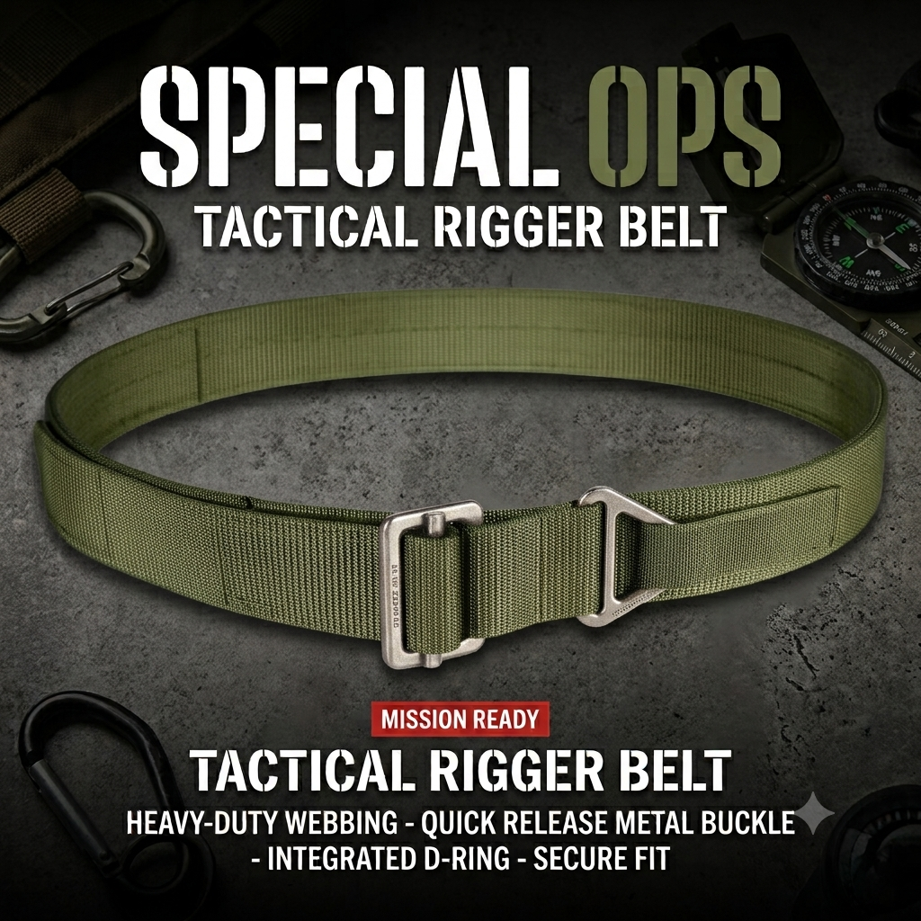 Olive green military rigger belt with a quick-release metal buckle, designed for secure and adjustable fit.
