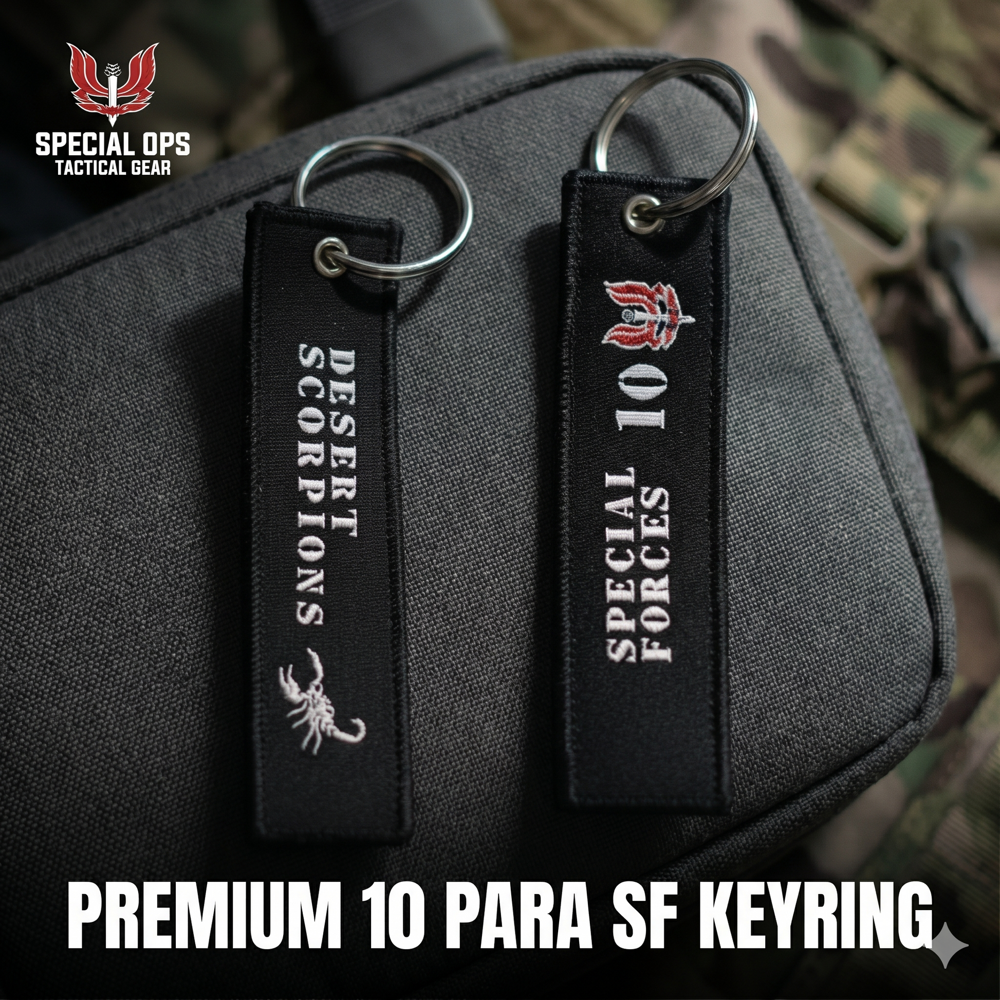 Indian Army Para SF commemorative keychain attached to a tactical backpack, highlighting high-density embroidery.